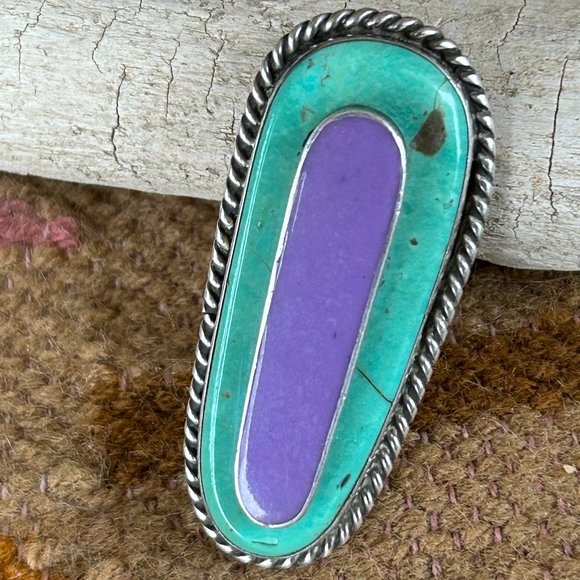 Carico Lake Turquoise and Chalcedony Silver Ring, Hopi, Signed Size 8.5 - Picture 2 of 6
